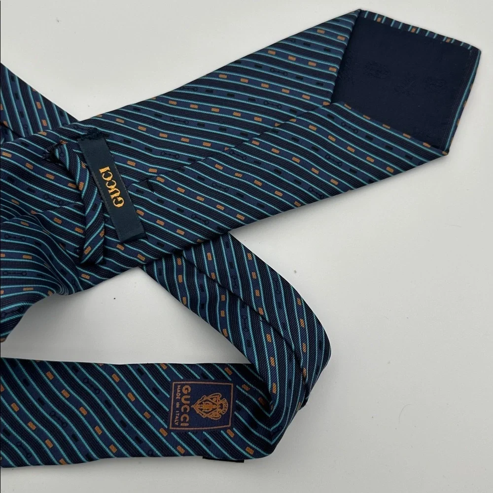 Gucci Vintage Silk Printed Tie Blue Black 57” Long